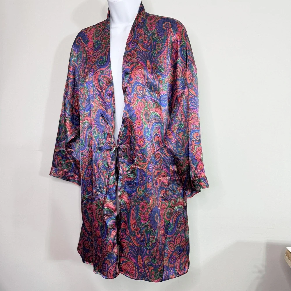 VTG‎ Gold Label Victoria's Secret Robe Womens Small Multicolor Paisley Satin